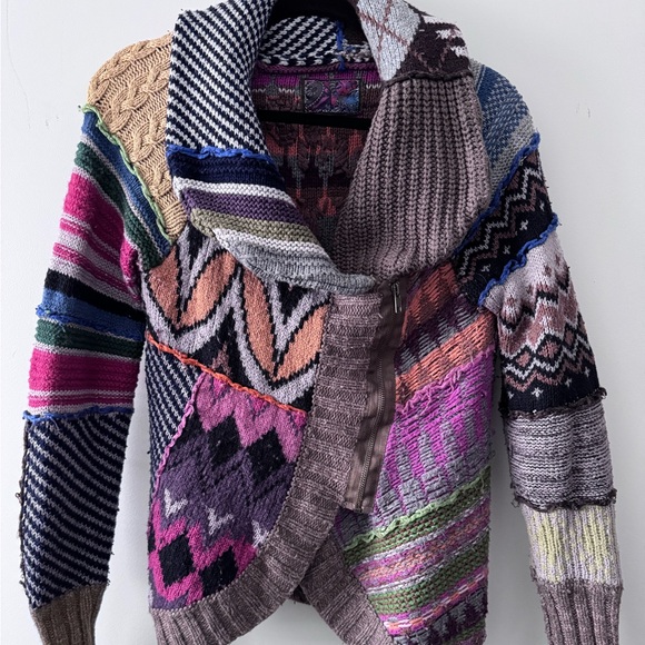 Desigual Sweaters - Vintage Desigual Multicolor Patchwork Shawl Collar Cardigan -Pink, Purple, Green